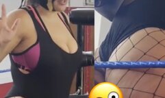 Masked female giantess destroys jobber with her ass
