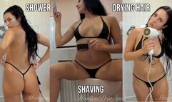 Bathing naked, shaving, drying hair in micro bikini, working on phone - live stream