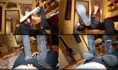 Boot domination and humiliation, ball stomping and clean her dirty boot soles with cock rubbish method