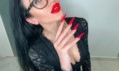 Bright red long nails, finger sucking, black lace lingerie face and long fingers fetish