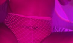 Ebony Goddess guides your stroke in a hot pink bikini top and pink fishnets with her big titties and sexy body