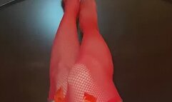 Really Sexy Filipina legs with Tiny Feet in red Fishnet stockings