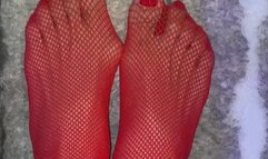 Really sexy Asian legs with red Fishnet stockings with tiny feet and long toes