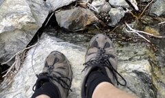 Hiking Shoes and Legs, by a Waterfall