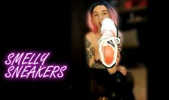 Lady Angela smelly used NIKE sneakers topless latex leggings foreign accent MILF foot tattoo soles bare feet