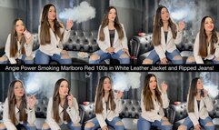Angie Power Smoking Marlboro Red 100s in White Leather Jacket and Ripped Jeans!