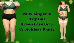 Sexy MILF Trying on Green Lace Bra and Crotchless Panty Set