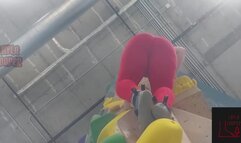 Giantess Layla climbs in red leggings 2