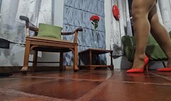 Balbina sexy leg show in shiny pantyhose and red stilettos