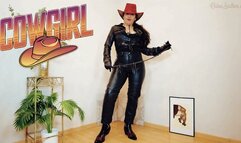 Cowgirl saddles her pet in pants Reinaleather