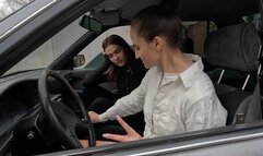 Bored girls learning to drive and competing to see who can drive the fastest