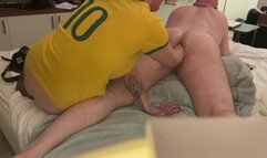 Brazilian Wife Fisting her Husband while he is gaming