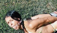 Bound & Gagged in the Woods Helpless Fetish Doll Struggles in Silence