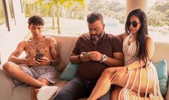 Shameless stepmother fucks her stepson while her husband goes out to take a call