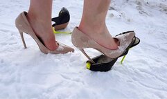 high heels wrecked on snow, high heels in snow, high heels destruction, high heels crush
