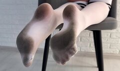 Dirty white nylon socks, dirty stockings, showing dirty socks, dirty feet posing, nylon socks dirty