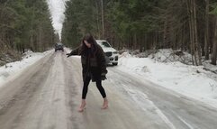 Flip flops on ice, sandals on ice, high heels on ice, girl on high heels on ice