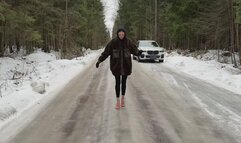 flip flops on ice, red flip flops on ice, sandals on ice, girl sliding on ice