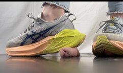 Asics Shoejob and Humiliation - Tramplegirl in Sneakers does some Cocktrampling and gives a Shoejob with spitting before she pisses on his slaves cock and cum - Shoejob, sneaker fetish, golden shower, shoe fetish, CBT, pee - multi - HD