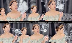 Sweet girl next door smoking in a floral dress and blowing smoke rings
