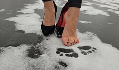 high heels on ice, high heels in snow, barefoot on ice, sliding heels, shoes on snow