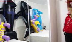 Alla inflates a purple balloon with her mouth and it bursts loudly, unexpected B2P