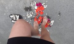 crush and jump on flowers barefoot and wearing flip flops FOC