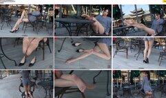 Fashionable and beautiful Fan Teyao shows off her long legs and beautiful feet in high heels and ultra-thin pantyhose at the table in Starbucks
