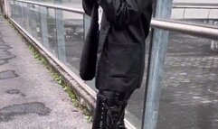 Smoking fetish walk with pvc pleaser boots and leather