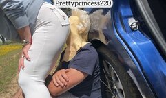 Dominatrix in White Leggings Humiliates Her Slave