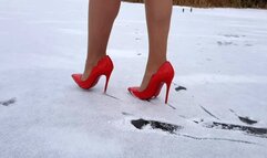 Louboutin hot chick 120 sliding on ice, high heels in snow, high heels sliding on ice, high heels on frozen lake