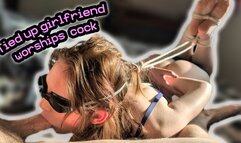Tied up girlfriend worships cock and cums