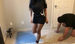 Soccer girl kicks balls in shoes