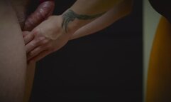 Handjob while saran wrapped with cock slaps and cumshot ending