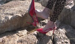 Shoeplay in Red High Heel Slingback Stilettos with Ocean View