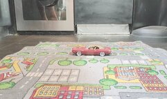 MissaRaeBerry toy car crush 1970 Dodge Challenger in silver heels close ground view