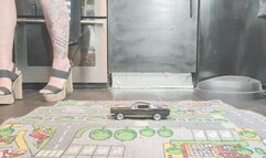 MissaRaeBerry toy car crush 1969 Ford Mustang in chunky heels close ground view