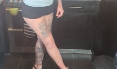 MissaRaeBerry toy car crush 1969 Ford Mustang in chunky heels full body view