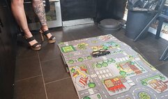 MissaRaeBerry toy car crush 1969 Ford Mustang in chunky heels High left view