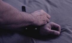 Slave tied to bed and made to cum in femdom handjob