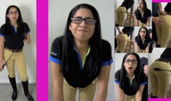 eRica finds out her riding lessons are not free! She gets spanked over her Jodhpurs with a ridding crop!