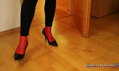 Red Stockings, High Heels & Black Leggings Tease