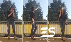 Smoking before going out for dinner with cig crush in high heels