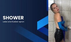 shower in latex and rubber apron