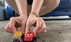 Crushing: toy cars, cans on gravel