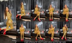 Angie smoking VS 120s in a gold catsuit and red high heels