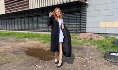 A girl in high-heeled shoes crushing them in mud and muddy puddles