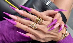 New purple color Long nails, sharp stilettos, palms, long fingers and hands worship, purple blouse and leather skirt on me