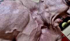 fbb massive veiny pumped destroying crushing feats of strength wide neck traps arms grunt power real strength massive female muscles crushing wicker things