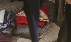 German housewife does her laundry in Hunter and sexy outfit